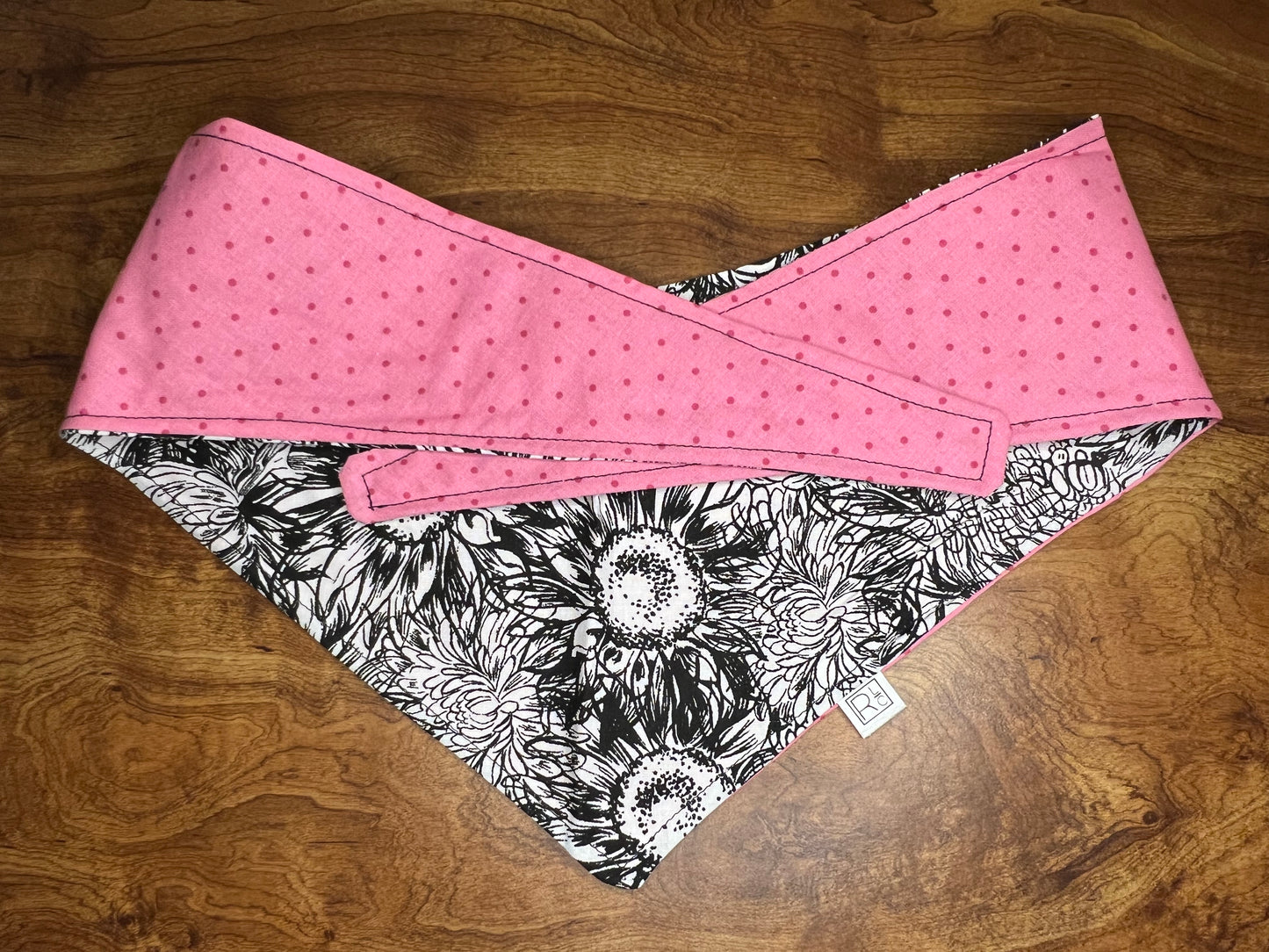 Black and White Sunflowers & Pink Polka Dot Reversible Tie Bandana