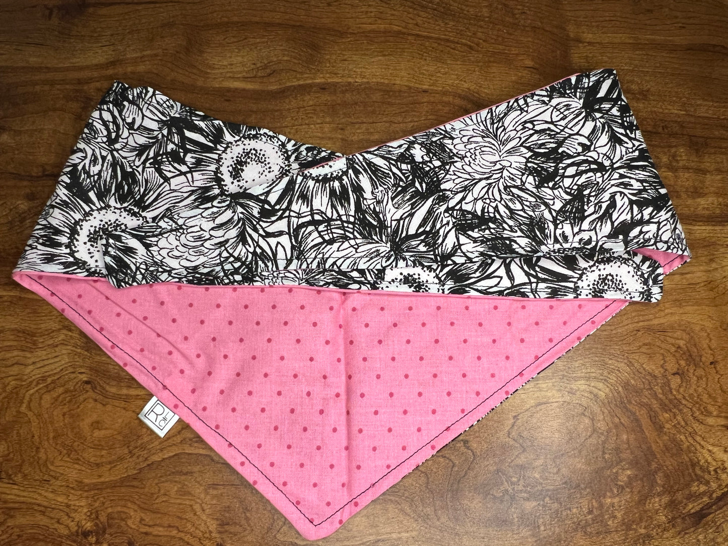 Black and White Sunflowers & Pink Polka Dot Reversible Tie Bandana