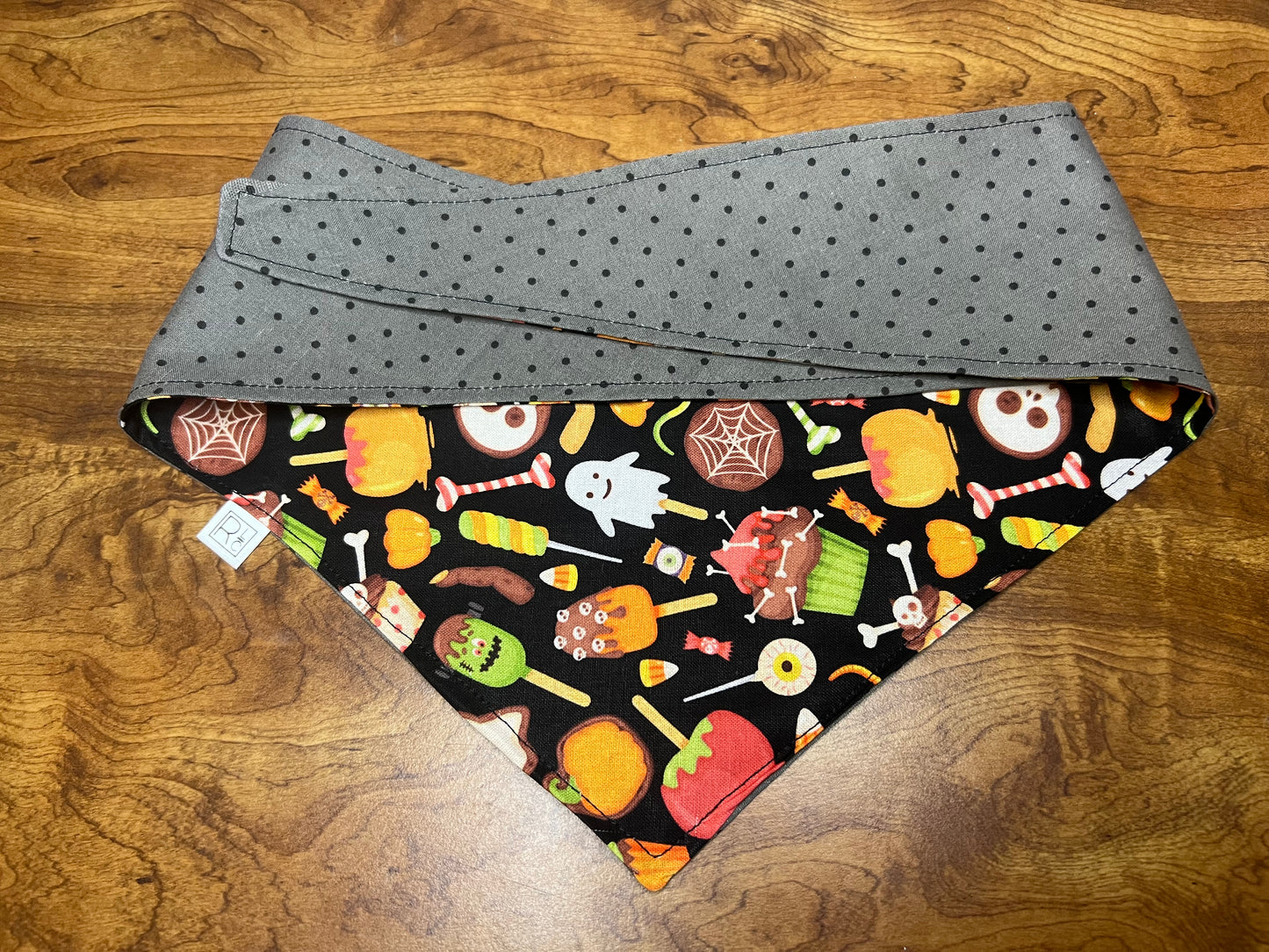 Halloween Candy & Grey Polka Dot Reversible Tie Bandana