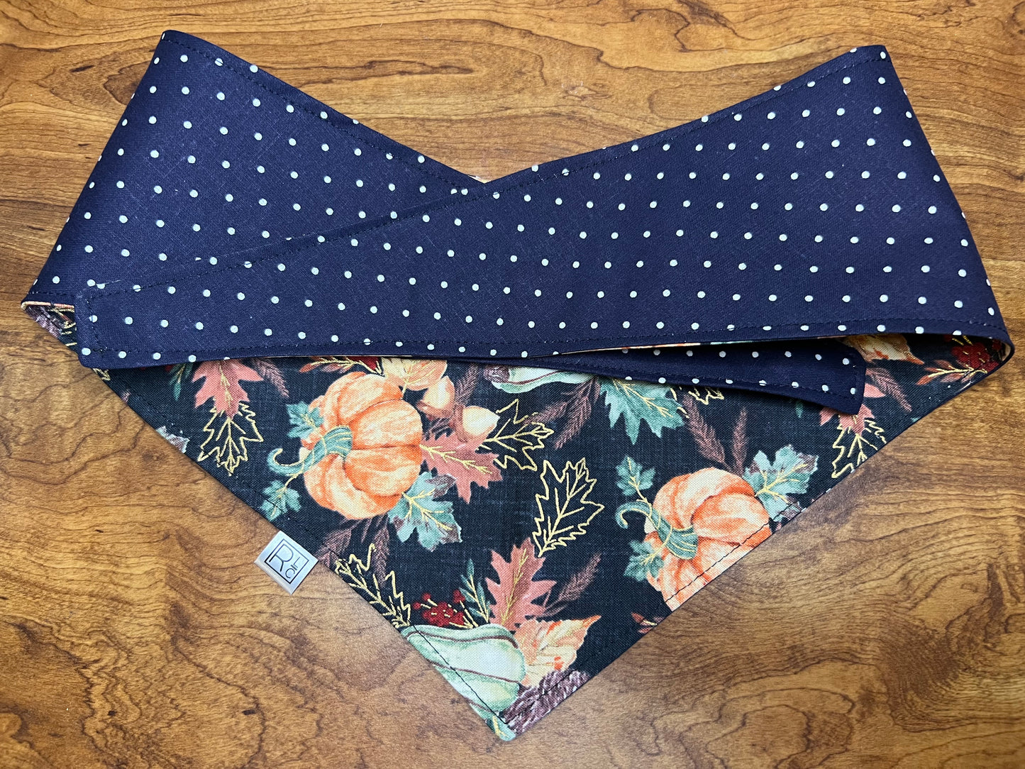 Glitter Autumn Squash & Navy Polka Dot Reversible Tie Bandana